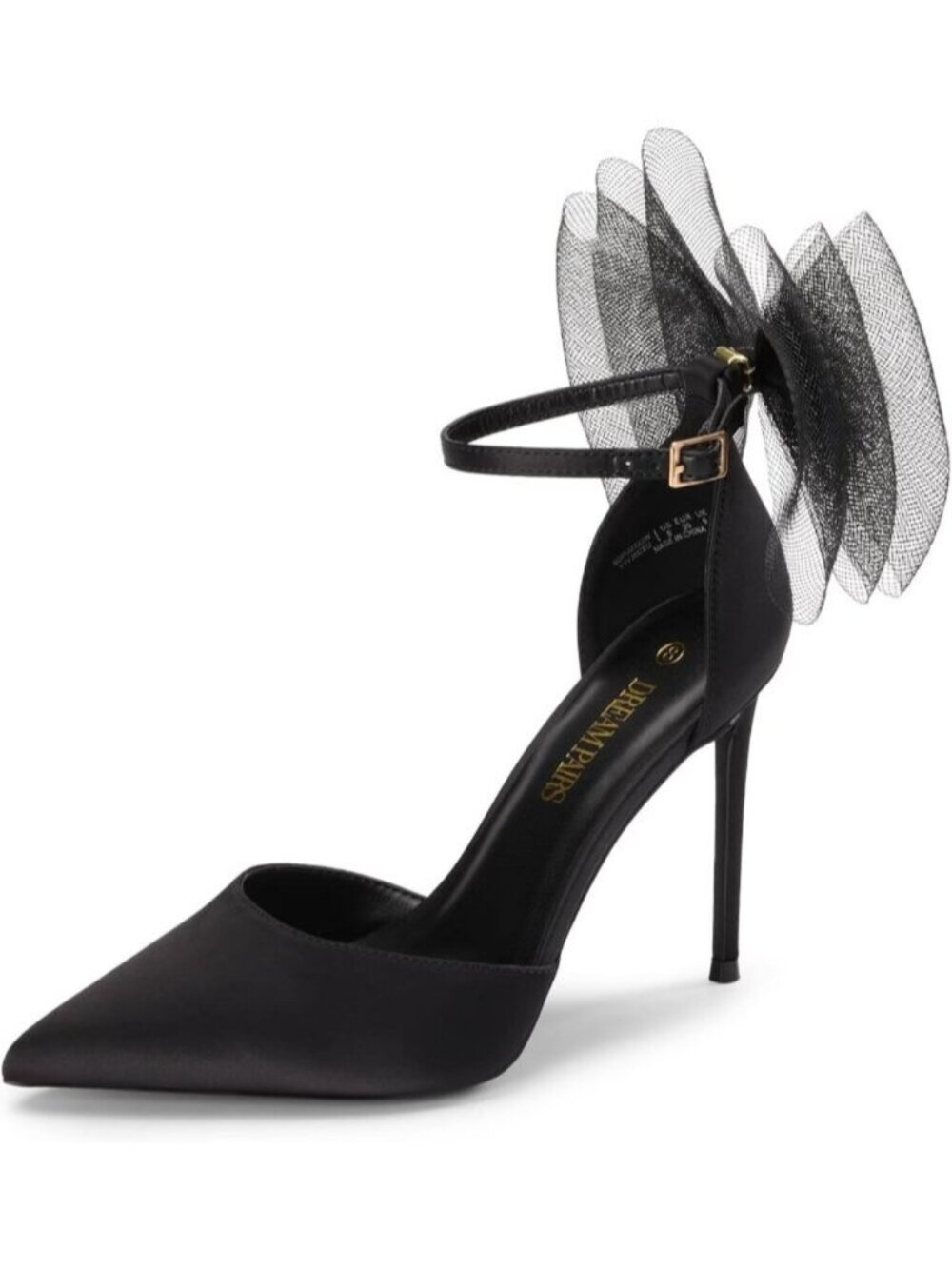 Womens Black Strappy Closed Pointed Toe Mesh Ankle Strap Bows Stiletto High Heel